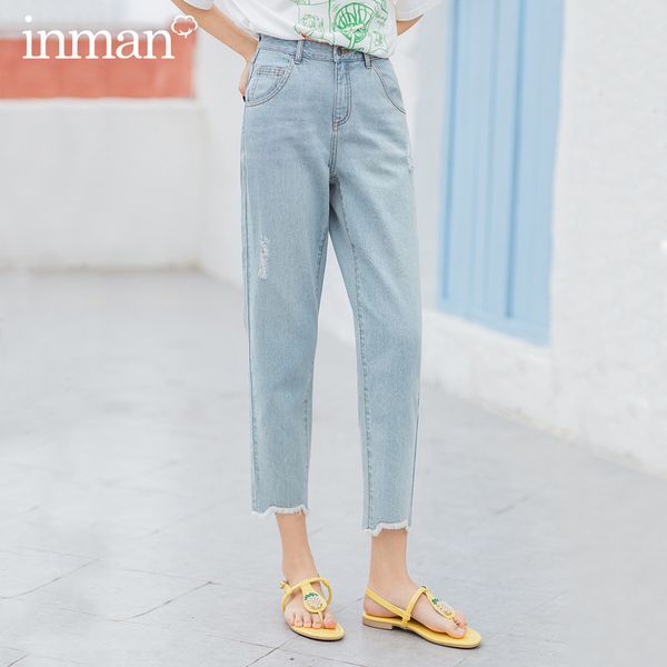 

inman 2020 summer new arrival pure cotton whisker wear fashion leisure ankle length pencil jeans 1020, Black;white