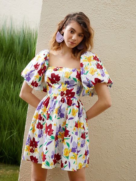 

floral print puff sleeve a-line dress 14yd#, Black;gray