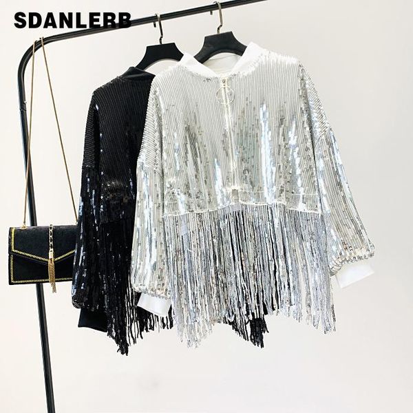 

women's jackets spring autumn heavy sequins high waist long sleeve coat zipper jacket loose bat manteau femme kurtka damska, Black;brown