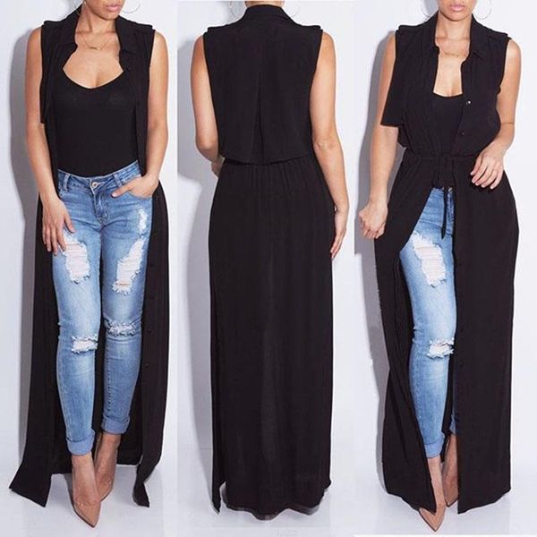 

2016 new fashion sleeveless trench coat balck chiffon duster for women woman overcoat outwear causal robe long can be dress sexy1, Tan;black