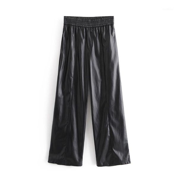 

women's pants & capris vintage women faux leather trousers 2021 fashion ladies stylish wide leg streetwear female elastic waist girl ch, Black;white