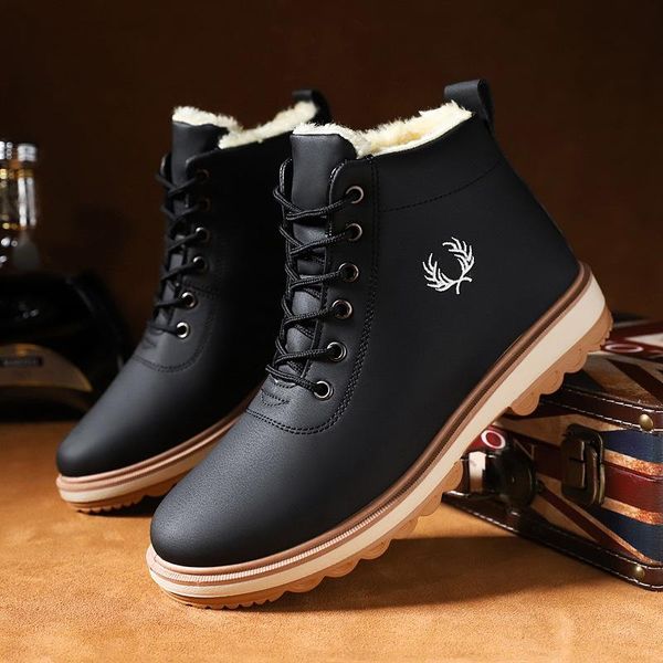 

plus velvet warm snow boots men thicken warm winter shoes for men shoes outdoor waterproof leather high cotton boots, Black