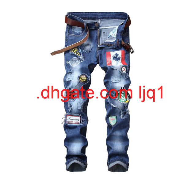 

new men's jeans slim straight elastic cloth badge hole fashion men's trousers, Blue