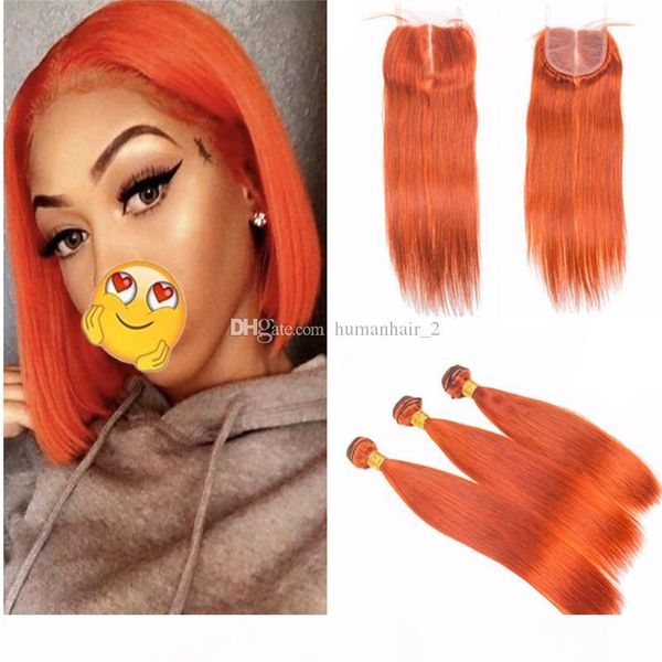

orange bundles with closure silky straight burnt orange color human hair weaves with lace closure 4x4 middle part brazilian virgin hair, Black;brown