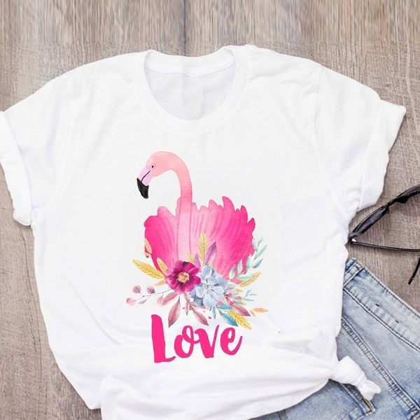 

women cartoon flamingo love print elegant ladies womens graphic t-shirt tees print female camisas t shirt t-shirts, White