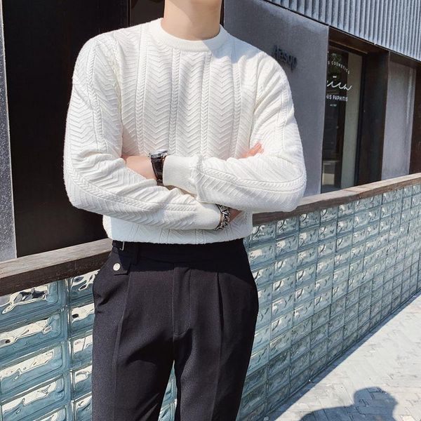 

winter round neck pullover thick mens sweater knitting thick slim fit warm white knitted sweater men blusa de frio masculino, White;black