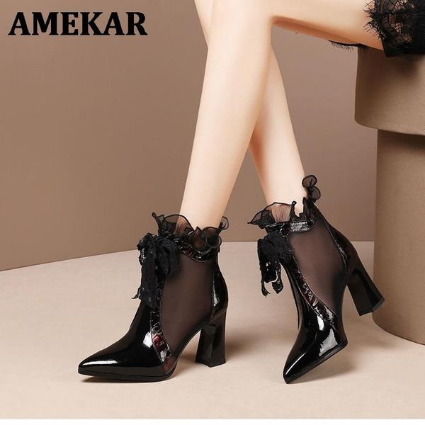 

mesh sandals boots woman 2021 high heels ankle summer boots lace shoes pointed toe for female blue wine - red square heel, Black