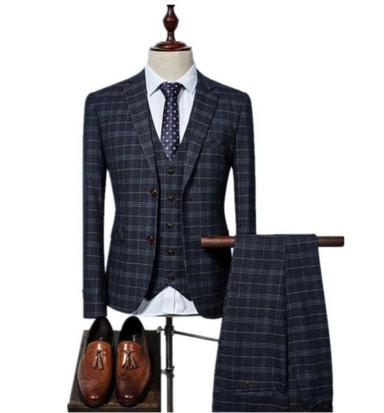 

men's suits & blazers (jacket+vest+pants) 2021 grid men fashion wool slim fit business wedding suit grooming 3 colors cutom, White;black