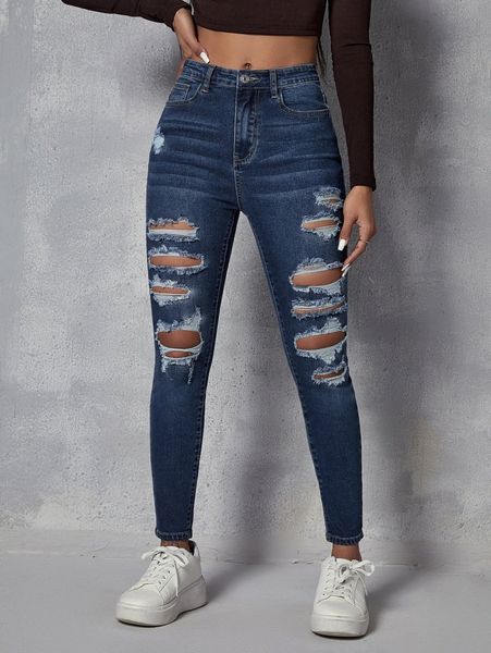 

high stretch ripped skinny jeans p8sg#, Blue