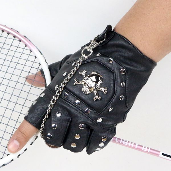 

skulls rivet pu leather fingerless men women fashion hip hop women' chain punk half finger men' gloves, Blue;gray