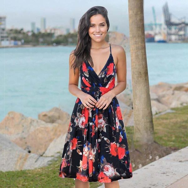 

2020 summer beach dress women floral dress ladies flower boho female bodycon v-neck midi party for women1, Black;gray