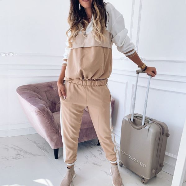 

size two plus pieces together women's lounge wear long hedging sleeve training clothes + elastic waistband pants bluza damska oz2d, White