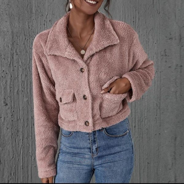 

fashion lamb wool autumn winter coat women jacket fleece shaggy warm cropped jackets overcoat single breasted outwear, Black;brown