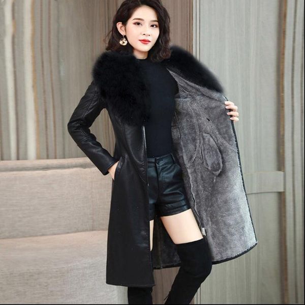 

2021 winter womens long leather jacketwith fur collar fleece linging plus sizes warm slim leather coat female outerfit, Black