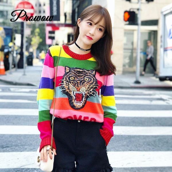 

runway design tiger sequins women sweater 2020 spring luxury female rainbow striped christmas pullover embroidered clothes11, White;black