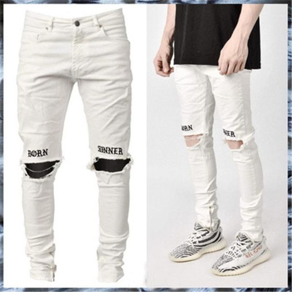 

jeans man hole embroidered jeans fashion trend new casual elasticity trousers designer male slim white fit zipper, Blue