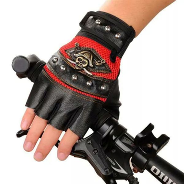 

men punk moto gloves pu leather black red skulls rivet half finger hip hop cycling motorcycle motorcross bike driving guantes, Blue;gray