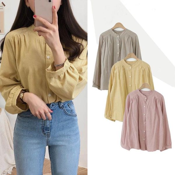 

korean version blouse women o-neck plaid shirts loose sweet long-sleeved blouses casual lantern sleeve blusas mujer de moda, White