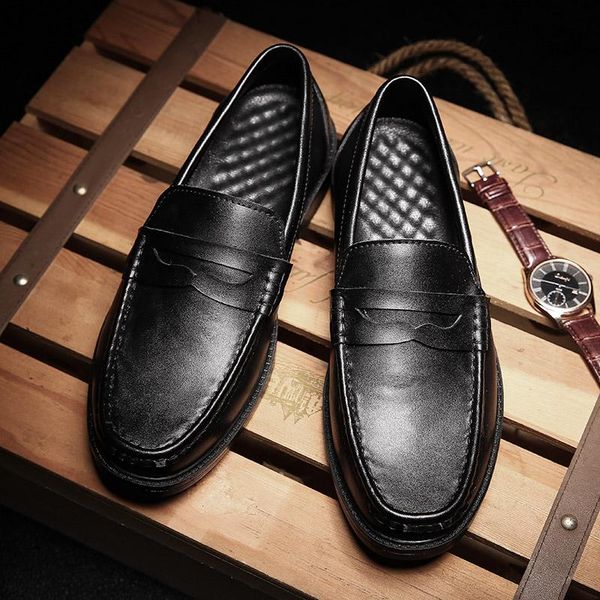 

men genuine leather loafers casual shoes soft mocassin homme chaussure dress formal shoes boat flats gommino, Black