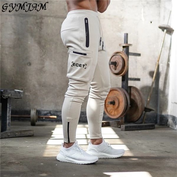 

cotton premium fashion men's hip-hop pocket print pants brand casual men's trousers jogger fitness sports pants 201113, Black