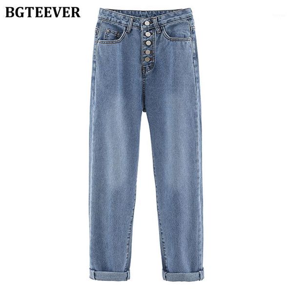 

bgteever streetwear blue straight denim jeans for women high waist single-breasted pockets vintage female jeans pants 20201