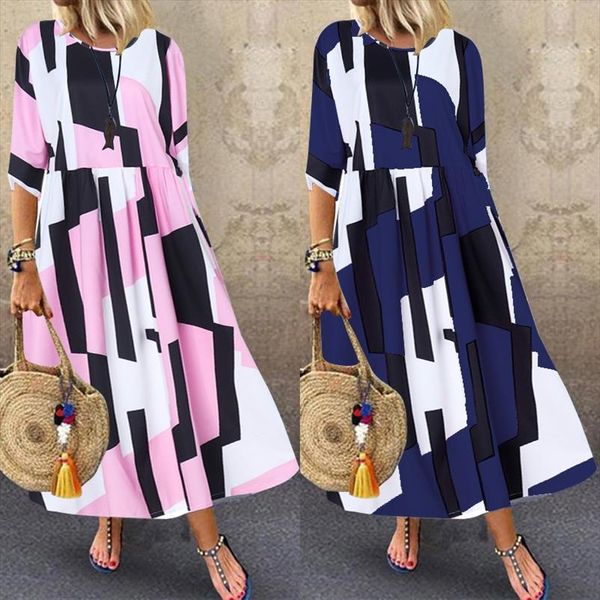 

womens geometric print maxi dress zanzea 2021 fashion summer sundress long vestidos female casual patchwork robe oversized 5xl, Black;gray