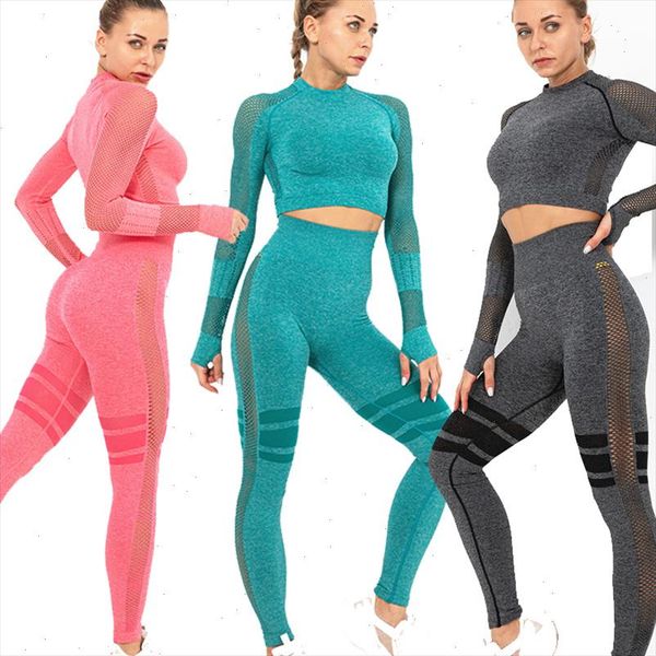 

women set seamless leggings long sleeve crop sports bra running pants gym clothing fitness workout sports suit, Gray