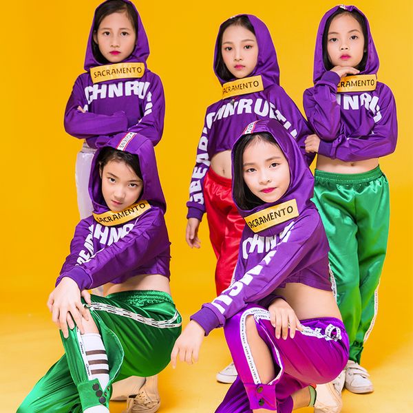 

ropa hip hop clothing girls childrens day performing clothing purple crop hooded modern festival outfits fashion kidswear bi837, Black;red