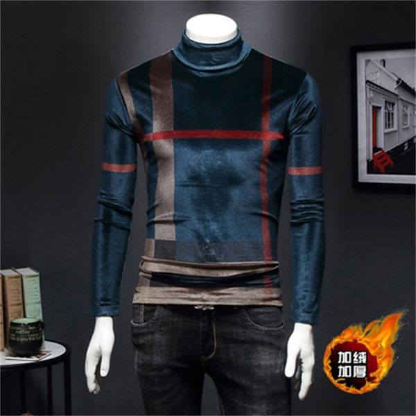 

men's winter long-sleeved t-shirt plus velvet thick high-necked shirt to keep warm slim gold velvet compassionate plus fat big wave, White;black