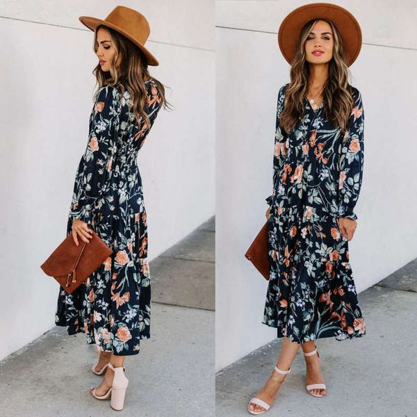 

women's autumn 2020 / print winter mid waist french long sleeve v-neck dress, Black;gray