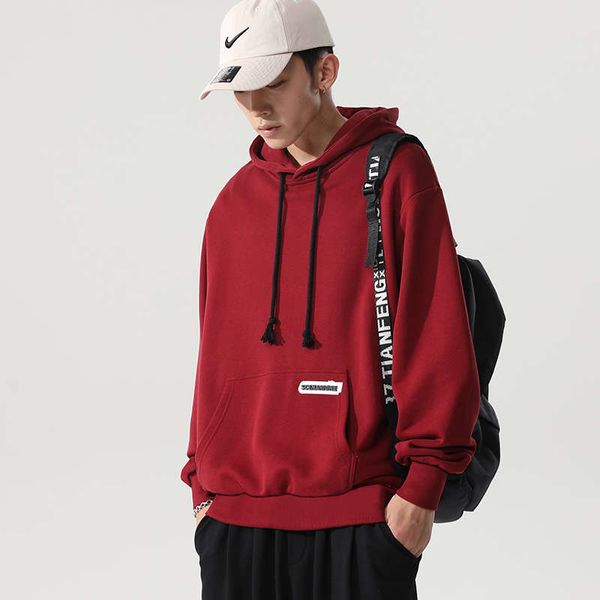 

sweater men's hoodie loose sports autumn winter 2020 new ins wine red fashion brand plush thickening, Black