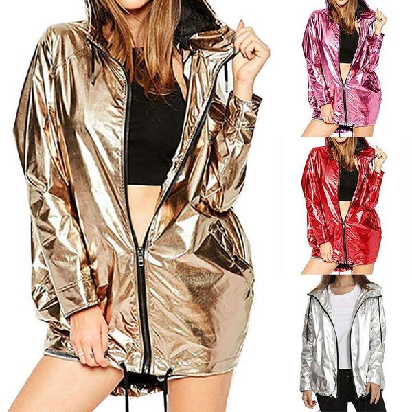 

new women fashion spring autumn jacket long sleeve pvc raincoat zipper punk neutral waterproof coat, Black;brown