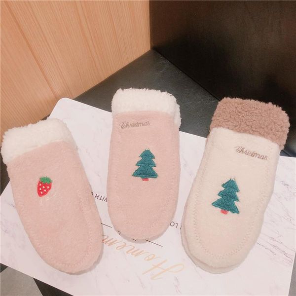 

plush thick winter warm women gloves winter cute strawberry christmas tree mittens lady girls coral fleece full finger gloves, Blue;gray