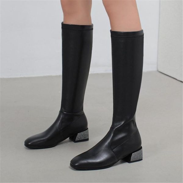 

pxelena women knee high riding boots crystal studded block med heels pu leather shoes 2021 spring autumn winter plus size 34-43, Black
