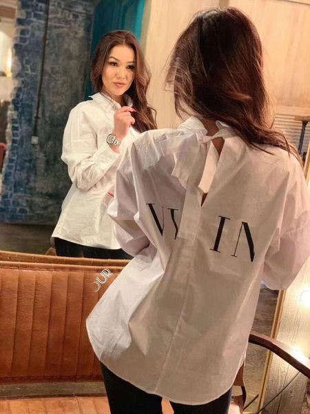 

2020 new summer women v neck shirt loose long sleeve black white bow tie chic club party fashion letter shirt vestidos