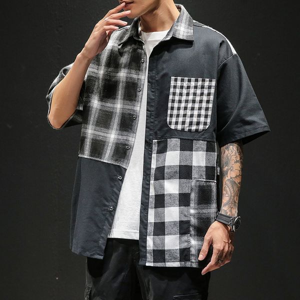 

plaid men's oversize loose contrast asymmetric stitching shirt jacket tx1908-p40, White;black