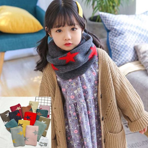 

star autumn winter new korean five jacquard children's scarf warm decoration men's and women's knitted neck fashion, Red;brown