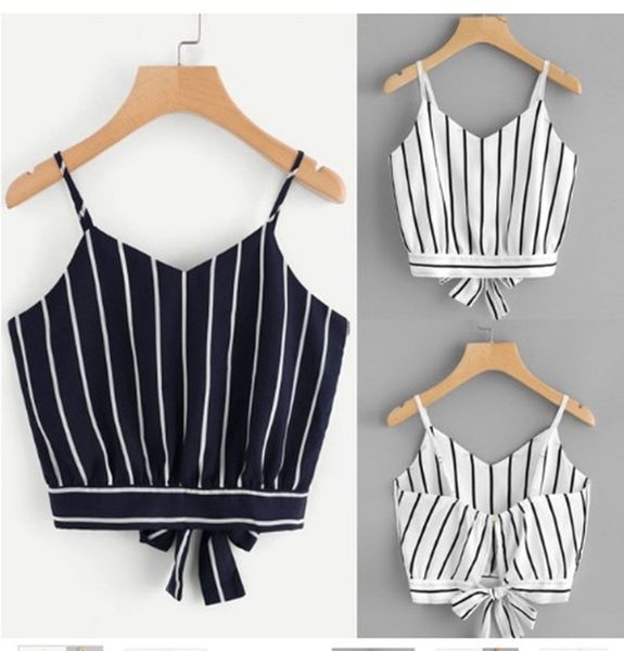 

womens striped print v neck vest summer designer spaghetti strap bow tees females fashion casual backless, White