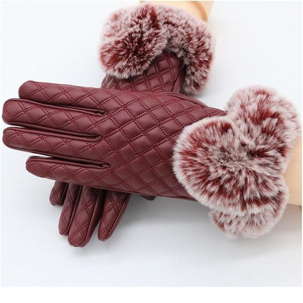 

women touch screen gloves pu leather female waterproof thick rabbit fur gloves red black warm autumn winter glove jllexf