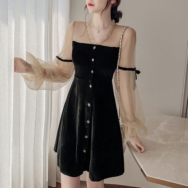 

q1z9l autumn 2020 new mesh splicing skirt autumn sleeve splicing dress velvet long 2020 sleeve mesh stitching skirt long new stitching dress, Black;gray
