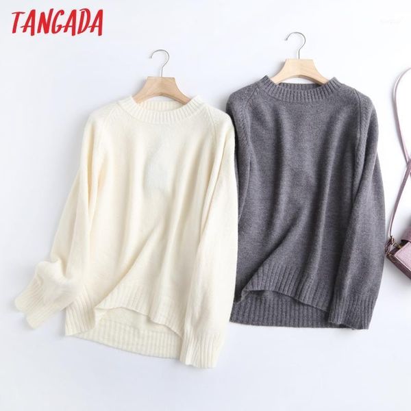 

tangada women 2021 fashion elegant beige knitted sweater jumper o neck female oversize pullovers chic 6d241, White;black