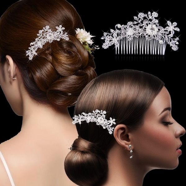 Acessórios de cabelo Bela pente de cabelo pino clipe nupcial baile prata casamento flor pérolas de cristal frete grátis por DHL