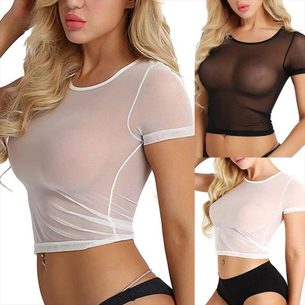 

tank crop underwear womens short sleeve sheer mesh t shirts streetwear tees slim see through transparent clubwear, White
