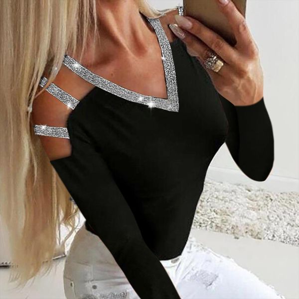 

knit female tees autumn winter long sleeve sequin t shirt lady skinny t shirt women hollow out slim pullovers d25, White