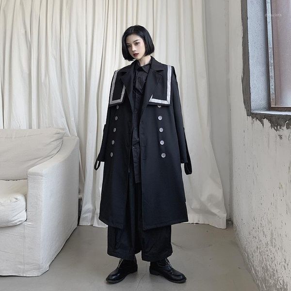 

women yohji ribbon big collar long jacket loose windbreaker female japan vintage double breasted streetwear gothic trench coat1, Tan;black