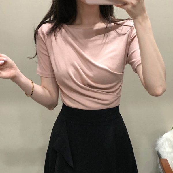

korean one shoulder slim t-shirt wrinkled white t-shirt for women 2020 summer short sleeve chun cotton gnfiv