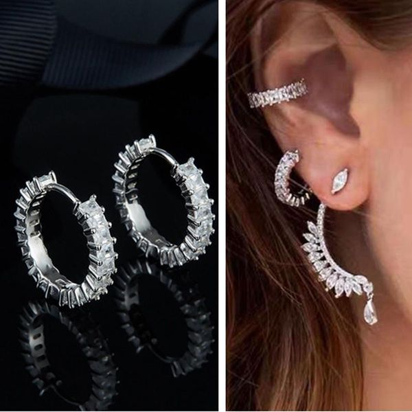 

925 sterling silver hoop earrings paved square zircon round claw stone eclat geometric stud earring women wedding party jewelry, Golden;silver