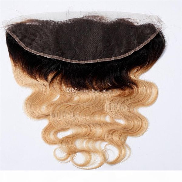 

#1b 27 honey blonde ombre brazilian virgin body wave human hair weave bundles with dark roots light brown ombre 13x4 lace frontal closure, Black;brown