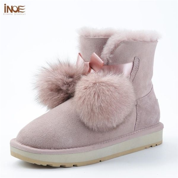 

inoe sheepskin suede leather shearling wool fur lined women short winter boots pom-pom style ankle snow boots shoes for girls y200915, Black