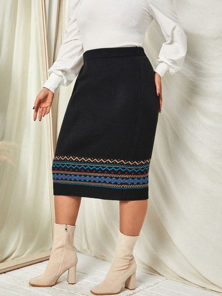 

plus high waist chevron pattern knit skirt a7i8#, Black